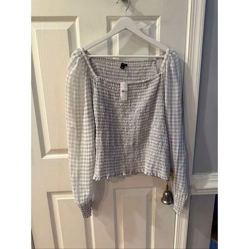 Annn Taylor Gray Gingham Smocked Sheer Sleeve Blouse sz XXL NWT